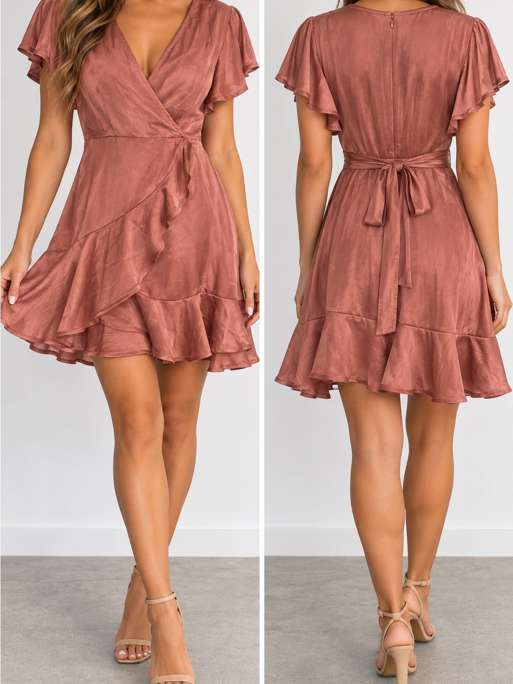 Selfie Leslie Rose Satin Ruffle Wrap Mini Dress XS NWT
